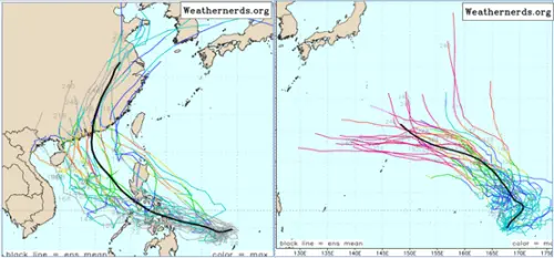 ▲最新美國系集模式模擬圖顯示，關島東方及菲律賓東方至南海一帶(左圖)，皆有「熱帶擾動」發展的跡象。（圖／氣象應用推廣基金會．洩天機教室）