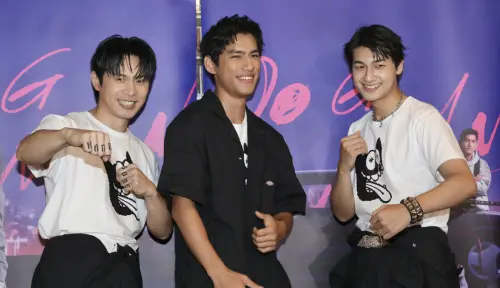 ▲姚淳耀（左起）、朱軒洋、裴子齊還原劇中「馬子狗」的中二狀態。（圖／記者邱增其攝）