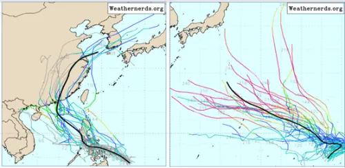 ▲吳德榮指出，最新各國模式模擬顯示，關島東方及菲律賓東方至南海一帶，各有熱帶擾動發展的跡象。（圖／氣象應用推廣基金會．洩天機教室）