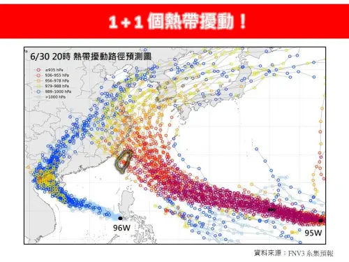▲氣象專家林得恩表示，根據今晨各國最新氣象模式及AI模式模擬結果均顯示，在西北太平洋及南海海域未來1至2天，將有2個熱帶擾動即將生成，但因彼此距離遙遠，不會有雙颱效應。（圖／林老師氣象站）