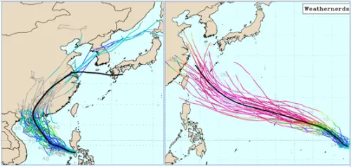 ▲最新美國系集模式模擬圖顯示，關島東方及南海一帶，各有「熱帶擾動」發展的跡象。（圖／翻攝weathernerds）