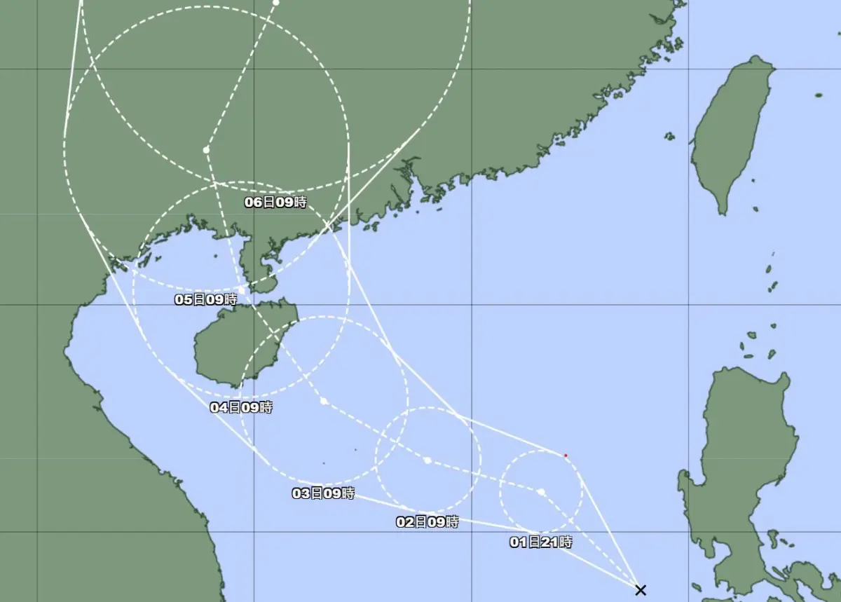 ▲原先位於菲律賓西方海面的熱帶擾動，今（1）日上午增強為「熱帶性低氣壓」，24小時內，今年第9號颱風「巴威」將生成。（圖／日本氣象廳）