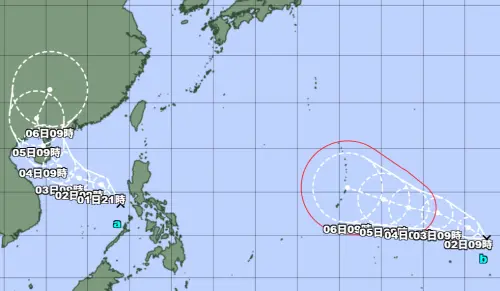 ▲日本氣象廳1日早上雙雙針對兩個熱帶性低氣壓發布烈風警報，意味著24小時內有機會形成颱風。（圖／日本氣象廳）