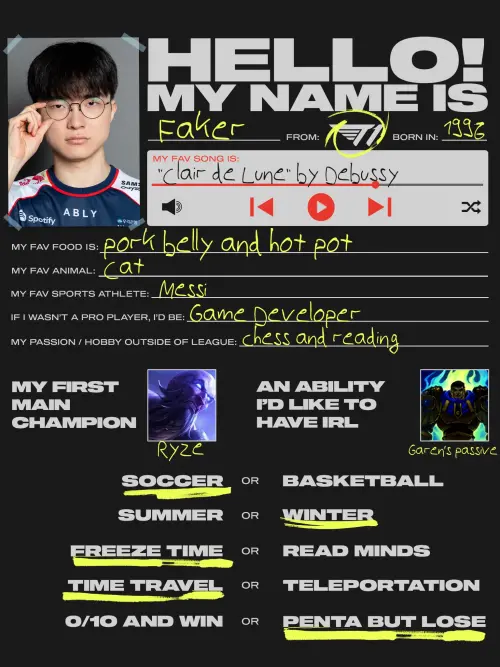 ▲Faker 透過手寫分享有關自己的小檔案，其中就包含最喜歡的運動員是梅西。（圖／LoL Esports）