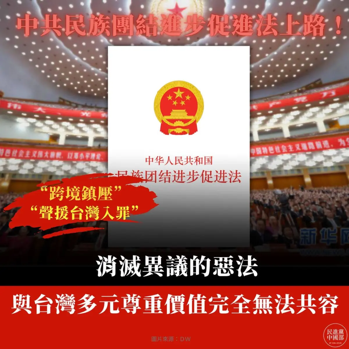 ▲民進黨中國部指出，《民族團結進步促進法》的目標是要「團結（消滅同化）」異議的聲音。（圖／民進黨臉書）