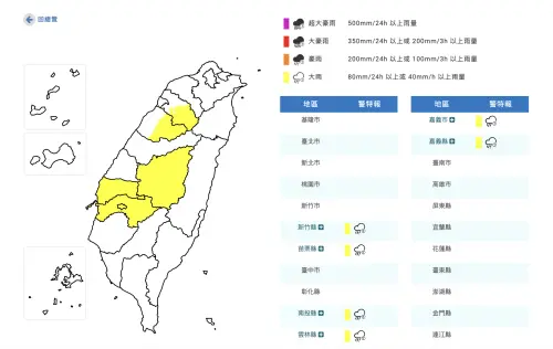 快訊／午後變天！氣象署：新竹、雲林大雨特報　6縣市下到晚上