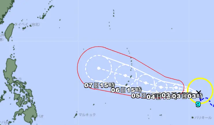▲巴威颱風強度和路徑來勢洶洶，日本氣象廳預測通過關島後將持續往沖繩南方海域移動。（圖／日本氣象廳）