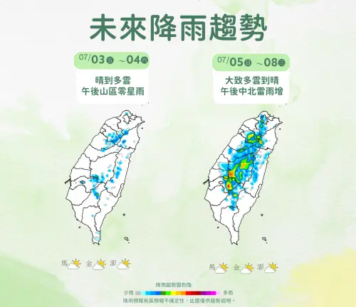 ▲台灣近期屬於「降雨偏少、高溫炎熱」，但要留意午後雷陣雨的天氣型態。（圖／中央氣象署）