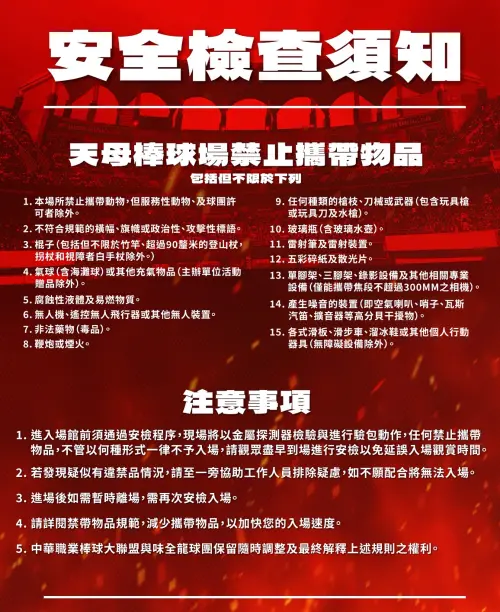 ▲中華職棒味全龍天母球場安全檢查須知。（圖／味全龍提供）