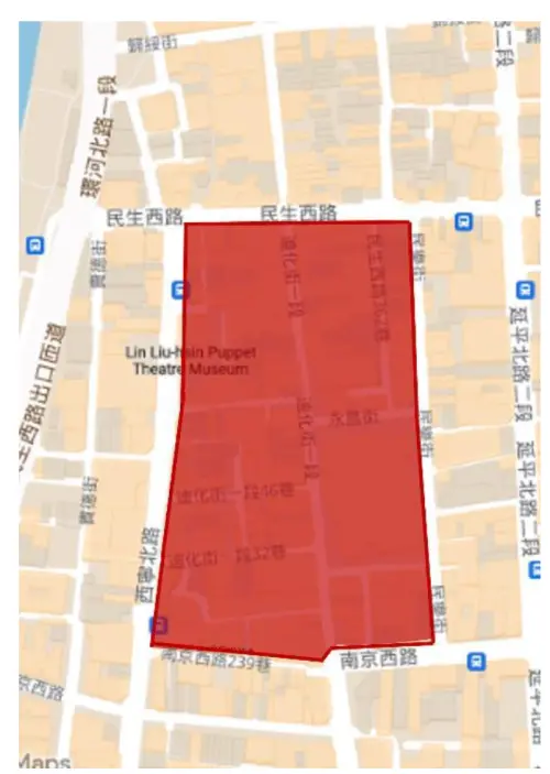 ▲迪化街商圈實施禁菸措施範圍：東至民樂街、西至西寧北路、南至南京西路(含南京西路 239 巷)、北至民生西路所圍之平面區域(含邊界之騎樓、人行道)。（圖 /北市衛生局提供）