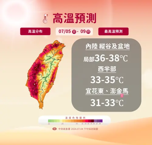 ▲周四前西半部高溫普遍達到33至35度，近山區、內陸、花東縱谷、大台北盆地可能達到36至38度。（圖／中央氣象署提供）