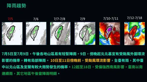 ▲巴威何時影響台灣，賈新興表示，從7月9日傍晚起北北基宜有受颱風外圍環流影響的機率，轉有局部陣雨，而10日至11日傍晚前，受颱風環流影響，全臺有雨。（圖／賈新興臉書）