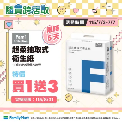 ▲全家FMC抽取式衛生紙「買1送3」活動睽違一年再度開跑，不過改在APP「隨買跨店取」販售。（圖／業者提供）