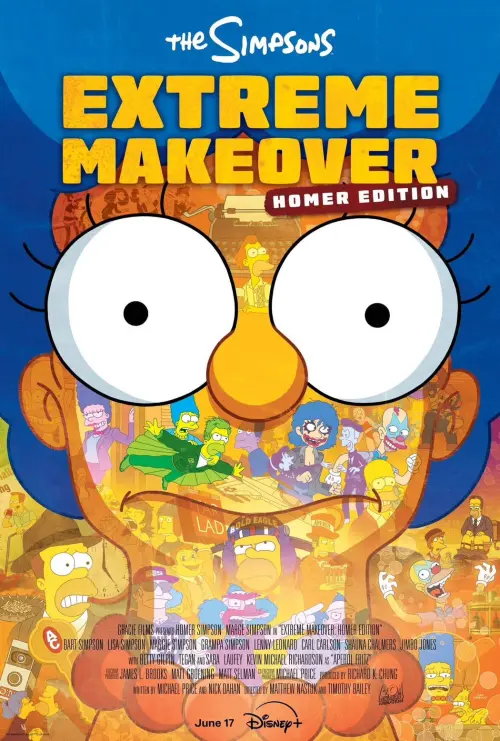 ▲《辛普森家庭》特別篇《Extreme Makeover：Homer Edition》以荷馬臉部拼貼大量角色與場景，向今敏經典動畫《盜夢偵探》海報致敬。（圖／Disney+）