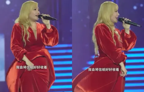 ▲梁靜茹深V紅禮服的特殊造型，讓粉絲直呼看不懂。（圖／翻攝自抖音）
