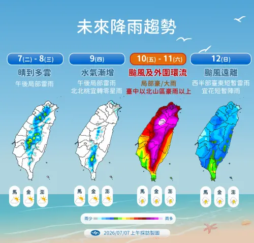 ▲周五颱風中心尚未越過中央山脈前，台北、桃園、宜蘭及花蓮降雨最為明顯。（圖／中央氣象署）