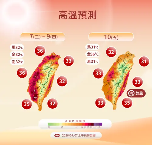 ▲周四之前各地高溫普遍可達32度以上，大台北盆地、花東縱谷及中南部近山區有局部36度以上高溫發生機率。（圖／中央氣象署提供）