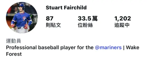 ▲費爾柴德日前更新Instagram個人簡介，新增「Professional baseball player for @mariners」字樣，並標註水手隊官方帳號。（圖／翻攝自費爾柴德IG）