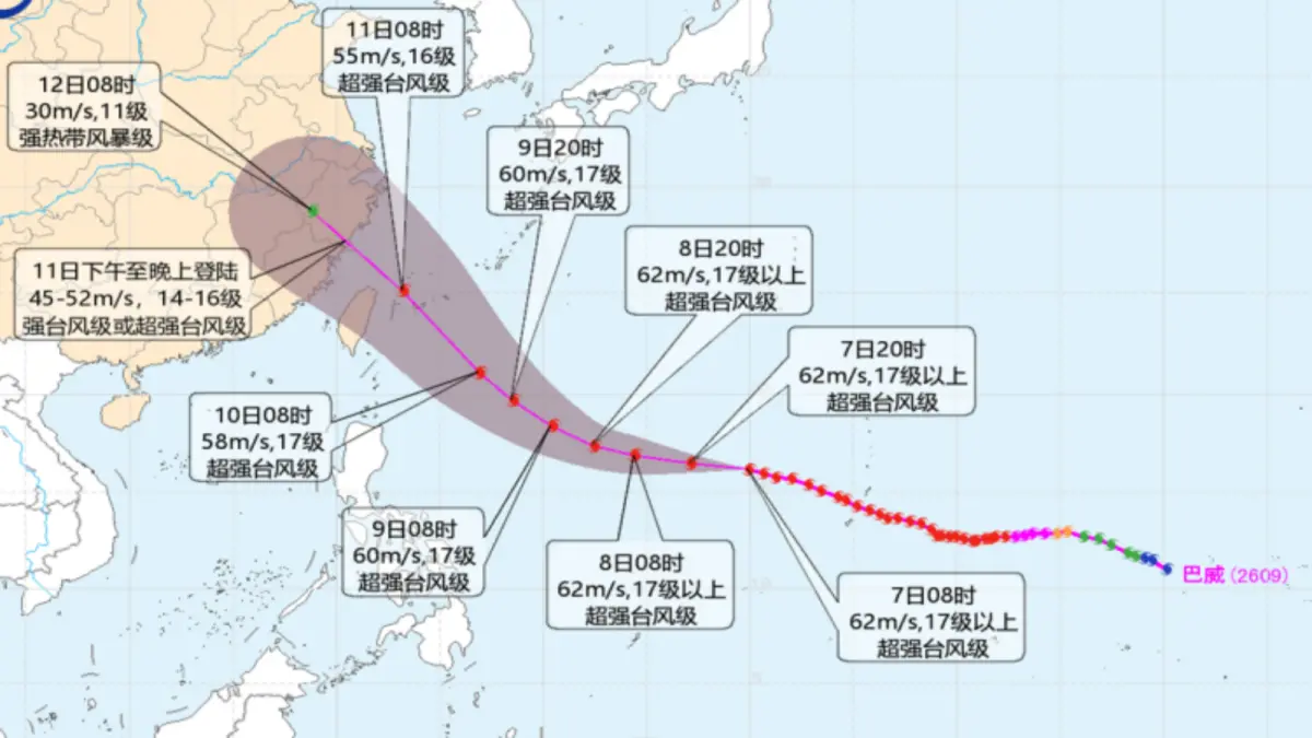 ▲巴威颱風路徑預測圖。（圖／翻攝自中國中央氣象台）