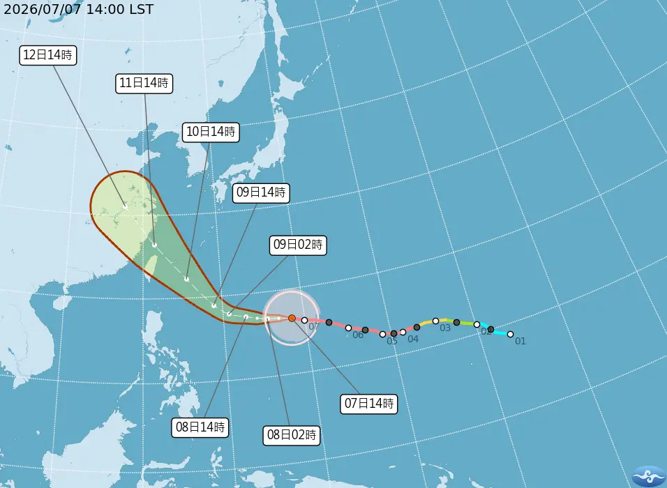 ▲氣象署7日14時發布最新路徑，強颱巴威維持巔峰強度朝臺灣近海逼近，七級風暴風半徑達350公里。（圖／中央氣象署提供,cwa.gov.tw）