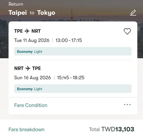 ▲記者實際上國泰航空官網操作，台北飛往東京，在暑假8月時竟有13103之優惠價。（圖／翻攝國泰航空官網）