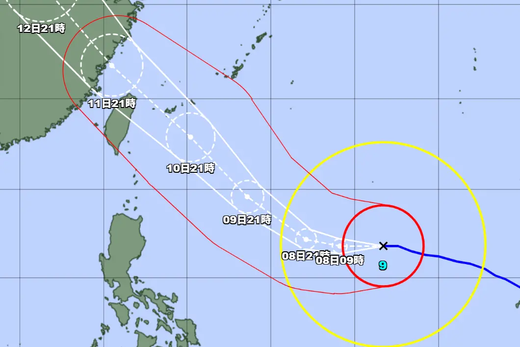 ▲日本氣象廳預測，巴威颱風路徑將從沖繩西表島至台灣基隆東北方近海經過。（圖／日本氣象廳）