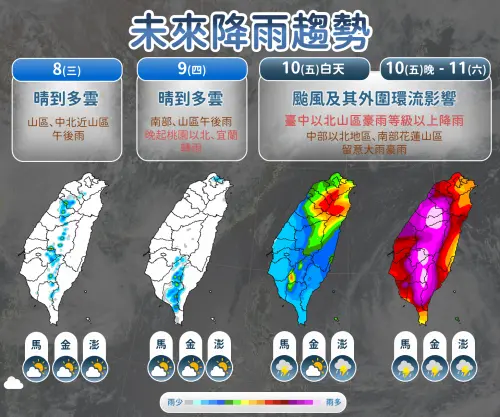 ▲巴威颱風在周五晚上至周六，風雨影響最為劇烈。（圖／中央氣象署cwa.gov.tw）