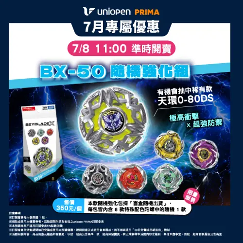 ▲BX-50 天堂日輪隨機強化組，每包可隨機獲得1款特殊配色陀螺，並有機會抽中稀有款「天堂環 0-80DS」。（圖／7-ELEVEN提供）