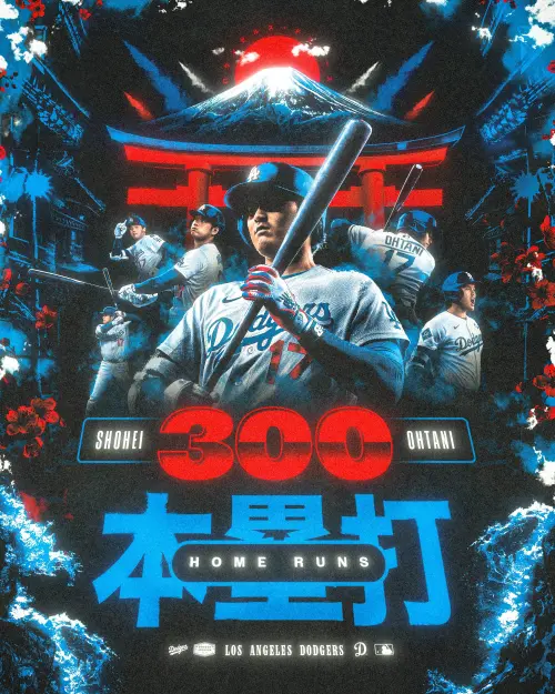 ▲為了慶祝大谷成為大聯盟史上第一位達成300轟的日本球員，MLB官方社群特別製作了一張視覺海報。（圖／取自MLB X）