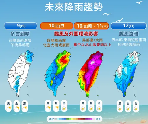 ▲巴威颱風在周五白天逐漸帶來雨勢，周五晚上至周六，風雨影響最為劇烈。（圖／中央氣象署cwa.gov.tw）