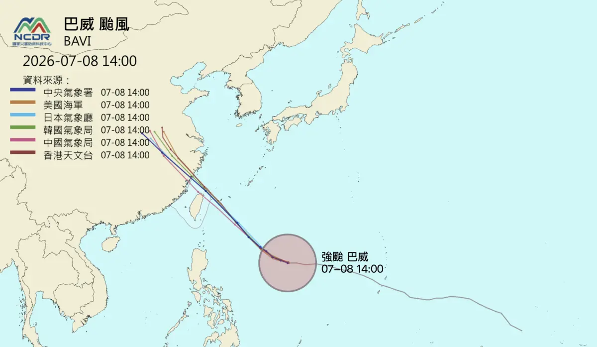 ▲巴威颱風路徑，以通過台灣北部近海機率較高，整體類似棒球投手投出的「滑球」球路。（圖／翻攝NCDR官網。watch.ncdr.nat.gov.tw）