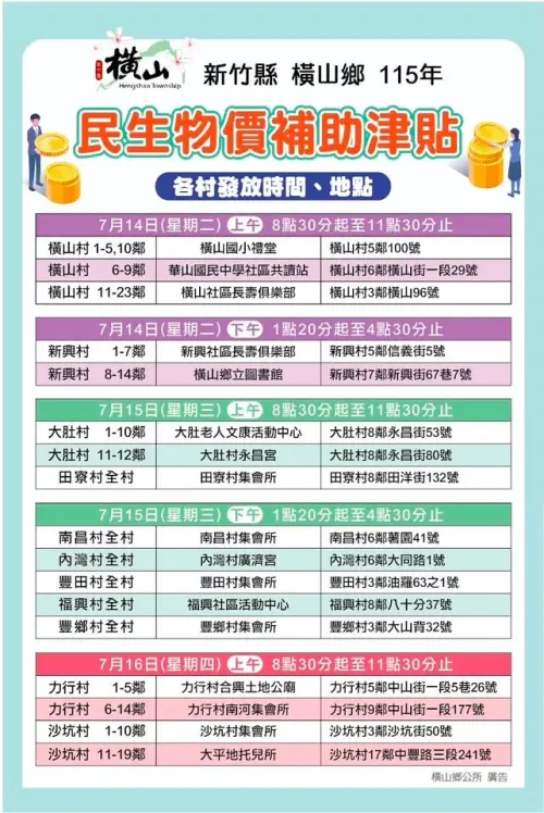 ▲橫山鄉補助津貼各村發放時間地點。（圖／翻攝自新竹縣橫山鄉官網）