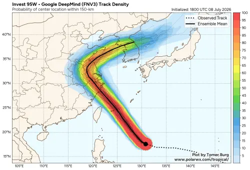 ▲巴威颱風最新AI預報路徑，Google FNV3 AI模式認為中心將較偏向石垣島東側。（圖／Google DeepMind）
