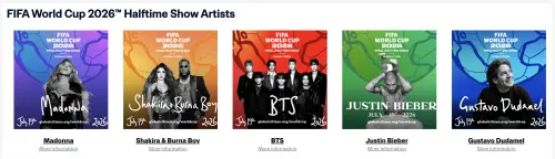 ▲世界盃足球賽中場秀表演名單：瑪丹娜（左起）、夏奇拉（Shakira）、Burna Boy、BTS、Justin Bieber、Gustavo Dudamel。（圖／www.fifa.com）