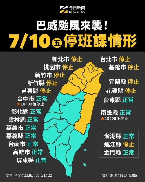▲7月10日台灣各縣市停班停課情況一圖看懂。（圖／NOWNEWS社群中心製）
