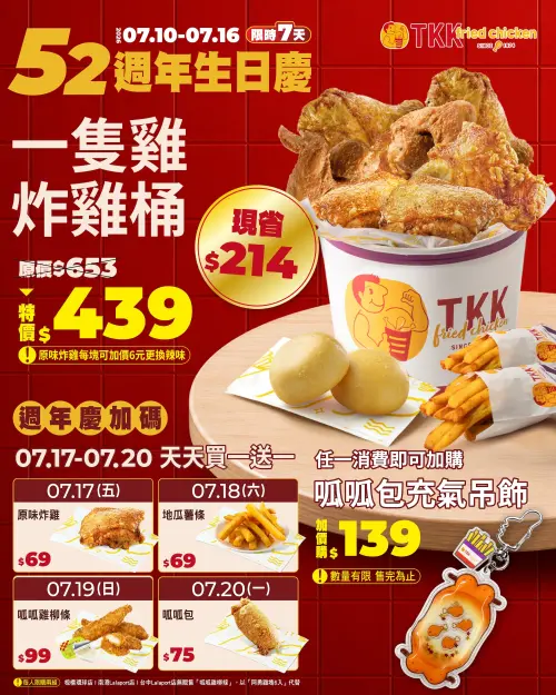 ▲頂呱呱「買一送一、炸雞桶67折」周年慶優惠。（圖／頂呱呱tkkinc.com.tw）