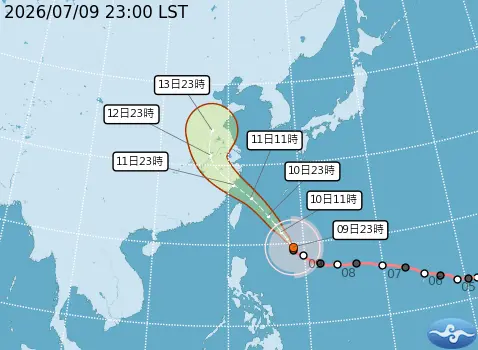 ▲中度颱風巴威7月9日晚間11時路徑潛勢預報。（圖／中央氣象署cwa.gov.tw）