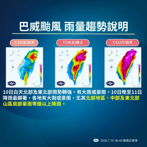 ▲巴威颱風最新風雨時程一圖看懂，今晚起風雨越來越大，周六全天尤其北部地區、中部以及東北部山區局部豪雨等級以上降雨。（圖/中央氣象署cwa.gov.tw）