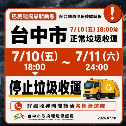 ▲台中市配合颱風停班課時程，7/10晚間18:00起至明日（7/11）全天暫停垃圾收運。（圖／翻攝台中市政府環保局）