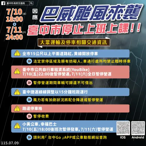 巴威颱風逼近　中市7/10 晚間紅黃線開放停車