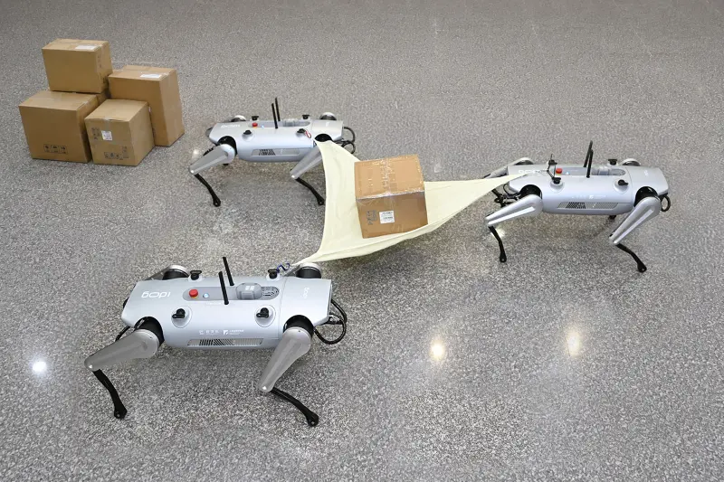 ▲群體協作展示則由3隻機器狗協同搬運重要物資,展現多機協同、任務分工及物資補給能力。(圖/工研院提供)