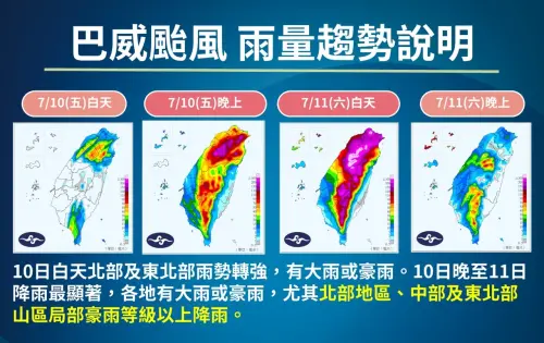 ▲巴威颱風在周五白天逐漸帶來雨勢，周五晚上至周六，風雨影響最為劇烈。（圖／中央氣象署cwa.gov.tw）