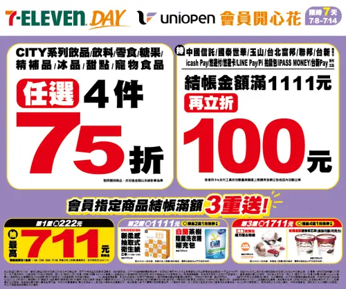 ▲7-11 Day uniopen會員開心花活動，購物金、好禮送不停。（圖／7-11提供）