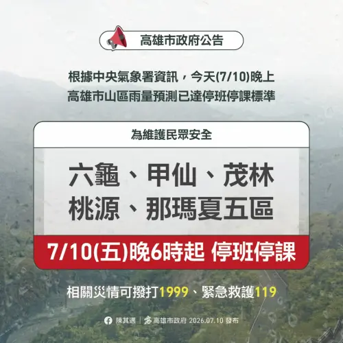 ▲高雄5區（10）日晚間6時起停止上班、停止上課。（圖／高雄市政府提供）