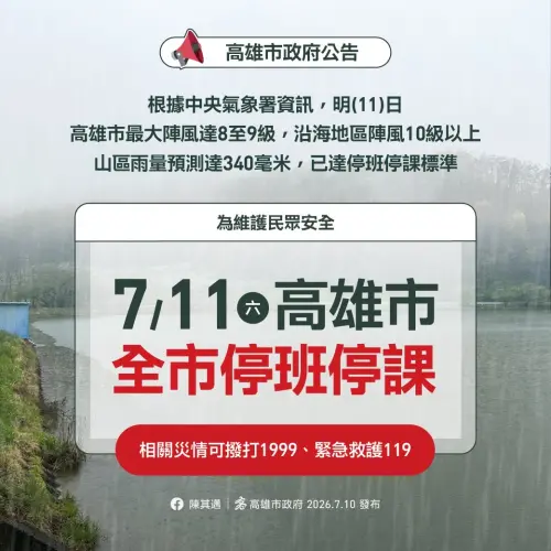 巴威颱風影響　高雄市11日停班停課