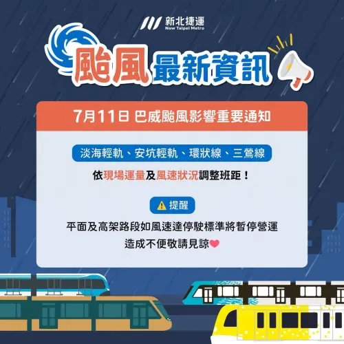 ▲新北捷運今（11）日全線正常營運，淡海輕軌、安坑輕軌、環狀線、三鶯線，依現場運量及風速狀況調整班距。（圖／新北捷運提供ntmetro.com.tw）