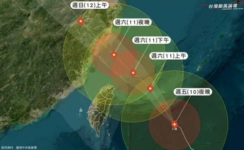▲巴威暴風圈預估將於11日凌晨前後接觸陸地，之後逐步掠過台灣北部外海，今晚起至明天將是全台風雨最明顯的時段，北部、東北部及中南部山區須嚴防豪大雨。（圖／氣象粉專「台灣颱風論壇｜天氣特急」）