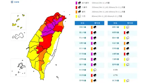 ▲中央氣象署上午7時35分針對20縣市發布大雨特報，其中新北市山區、桃園市山區、新竹縣山區、苗栗縣山區、臺中市山區是超大豪雨。（圖／中央氣象署cwa.gov.tw）