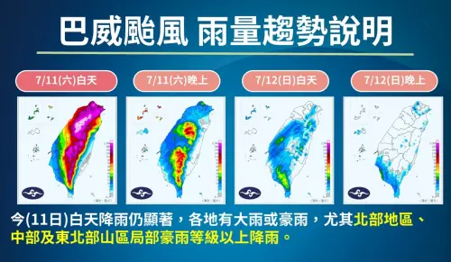 ▲巴威颱風影響，今天全台有雨，尤其是「北部、中部山區、東北部山區」會有豪雨等級以上的降雨。（圖／中央氣象署cwa.gov.tw）