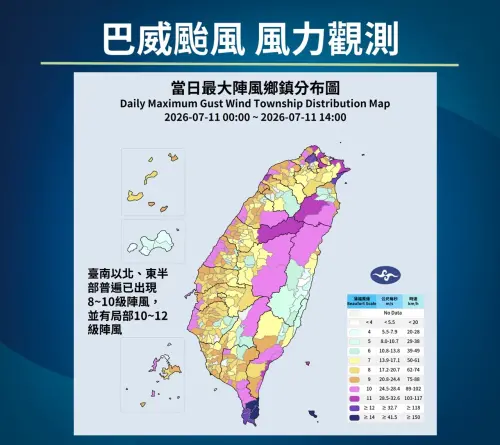 ▲巴威颱風對台灣的風力仍有一定影響，沿海普遍都有10級以上的強陣風出現。（圖／中央氣象署cwa.gov.tw）